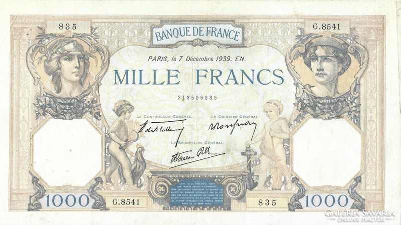 1000 Francs 1939 France rare large banknote