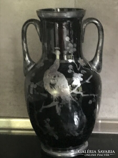 Antique black glass vase with silver painted Art Nouveau pattern, 25.5 cm high