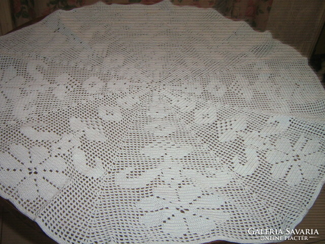 Beautiful special light blue hand crocheted round floral lace tablecloth