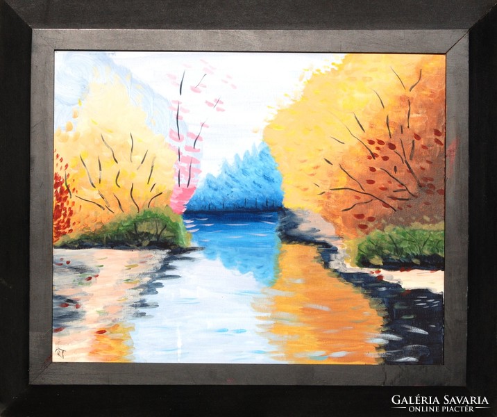 R.T.: The colors of the river - oil on canvas painting, in a modern wooden frame
