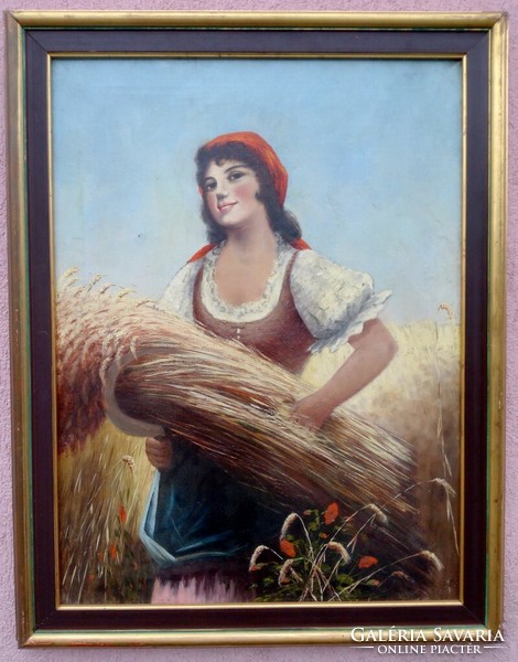 Biedermeier-style oil-on-canvas painting of a hand-picking girl, framed