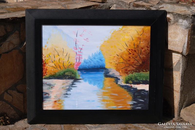 R.T.: The colors of the river - oil on canvas painting, in a modern wooden frame