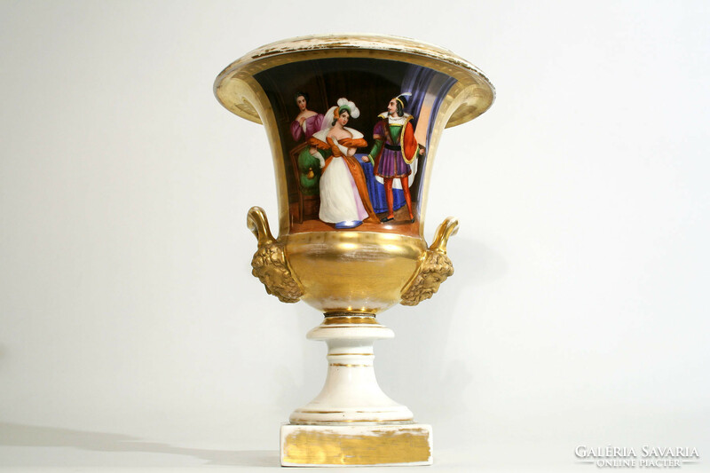 Antik 19.sz. Francia Vázapár | Empire Porcelán Medici Váza Festett Aranyozott Tájképekkel Jelenettel