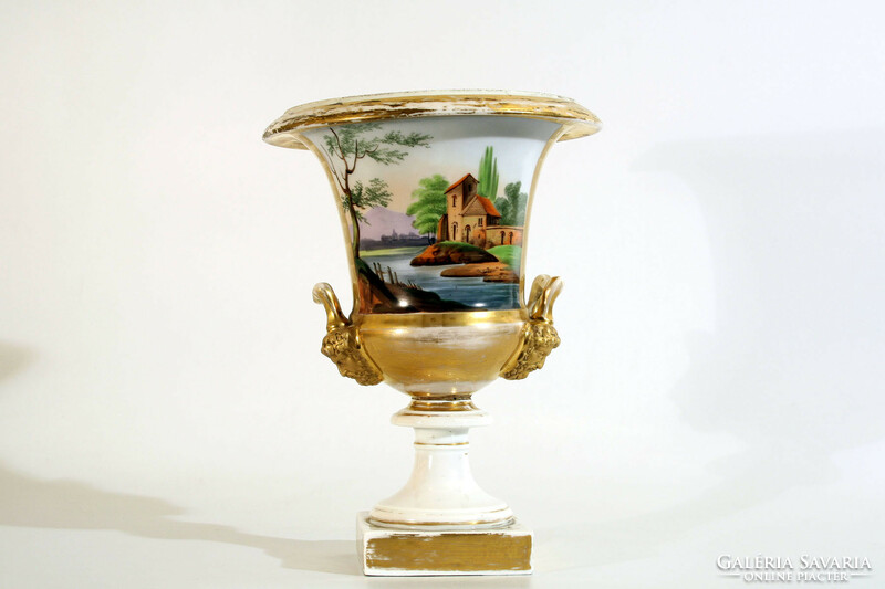 Antique 19th No. Pair of French vases | empire porcelain Medici vase with painted gilded landscape scene