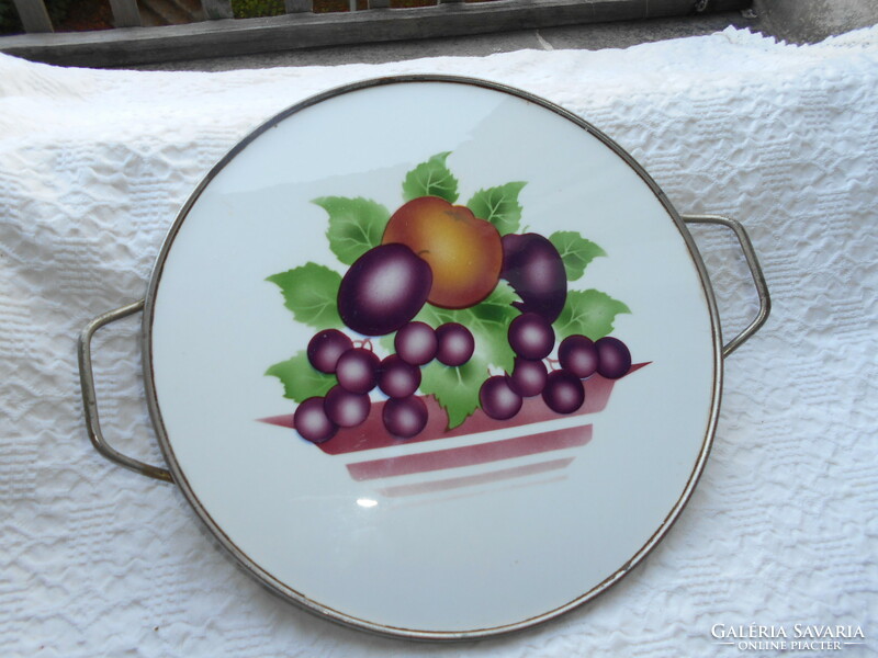 Art Nouveau faience inlaid tray with metal rim, ball feet - fruit pattern