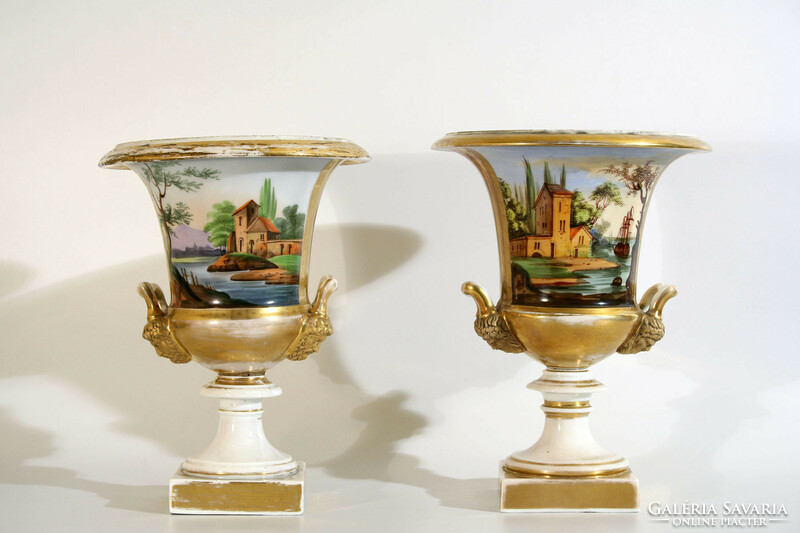 Antique 19th No. Pair of French vases | empire porcelain Medici vase with painted gilded landscape scene