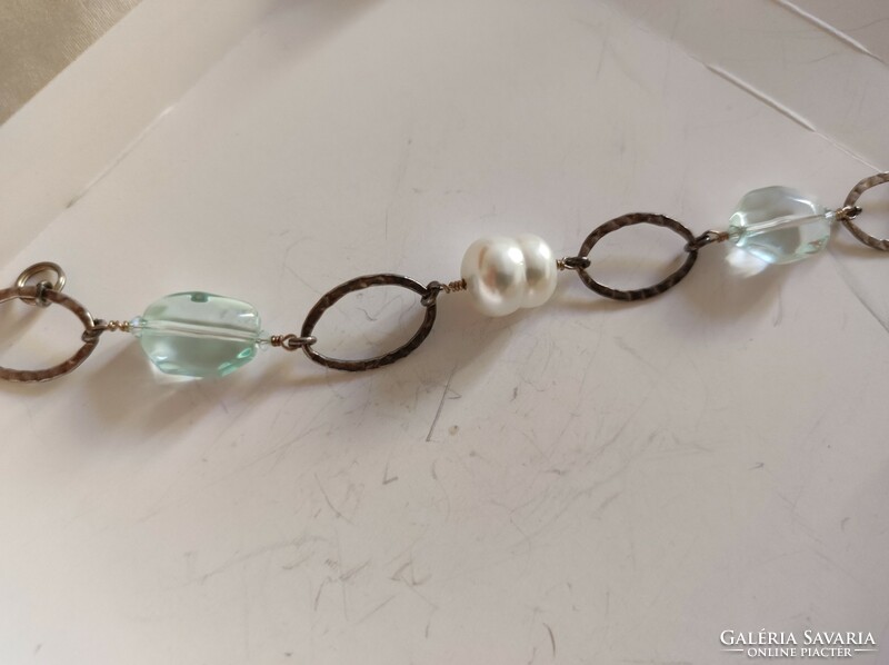 Israeli silver bracelet with aquamarine and pearls