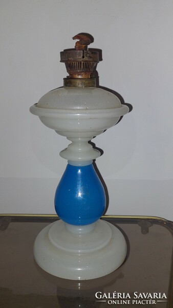 Antique blown milk glass kerosene lamp combined with blue color