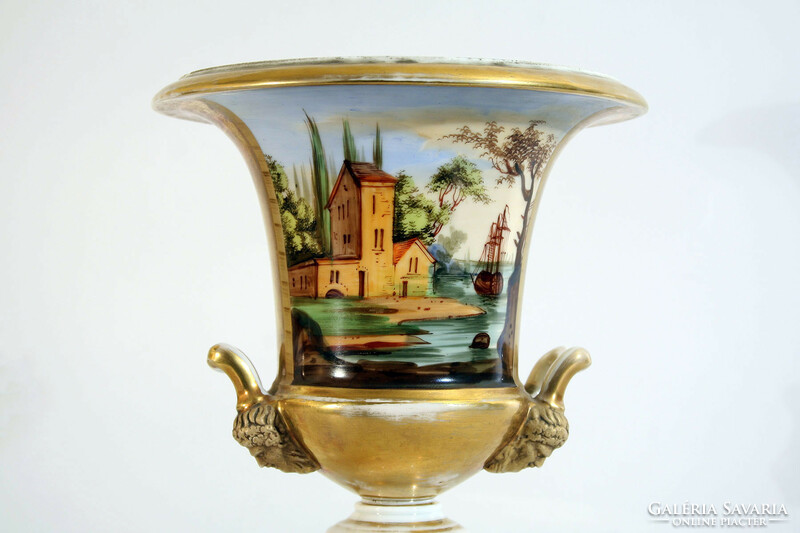 Antique 19th No. Pair of French vases | empire porcelain Medici vase with painted gilded landscape scene