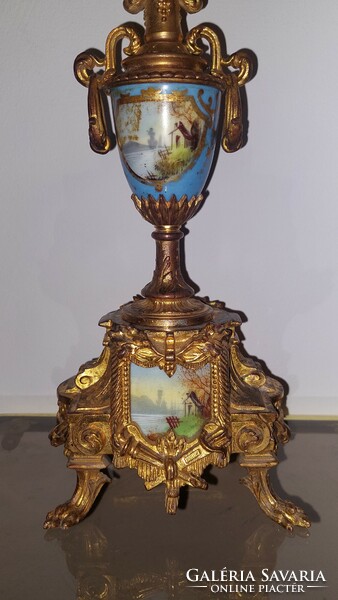 Antique French gilded painted porcelain candle holder