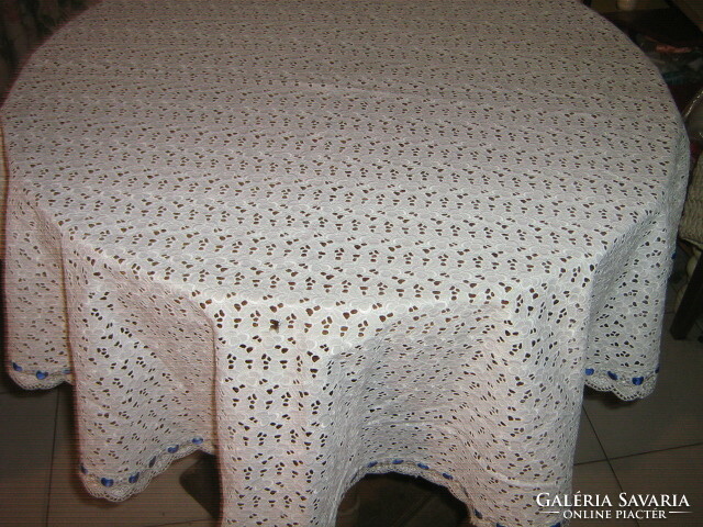 Beautiful elegant white oval antique madeira tablecloth with blue ribbon lace