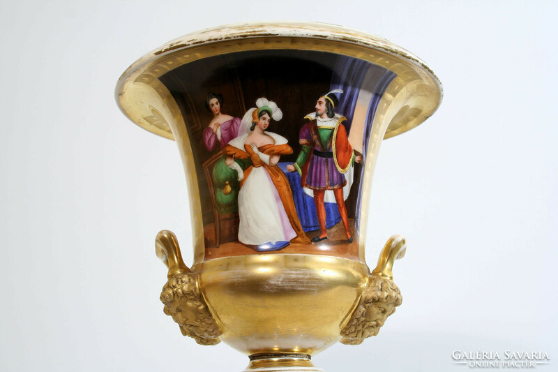 Antik 19.sz. Francia Vázapár | Empire Porcelán Medici Váza Festett Aranyozott Tájképekkel Jelenettel