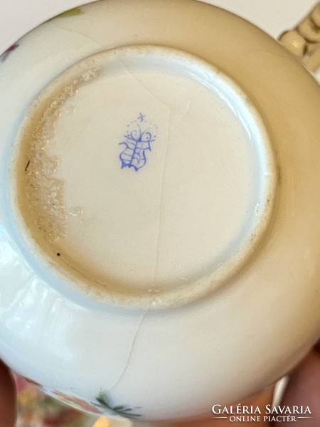 Antique Old Herend porcelain coffee cup + base with bouquet fleur decor