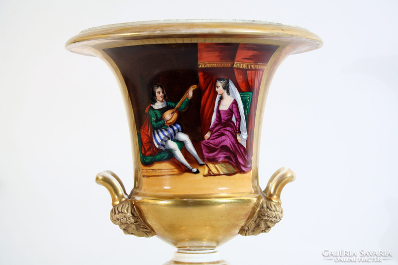 Antique 19th No. Pair of French vases | empire porcelain Medici vase with painted gilded landscape scene