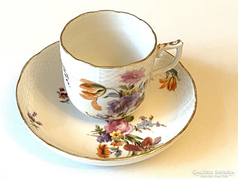 Antique Old Herend porcelain coffee cup + base with bouquet fleur decor