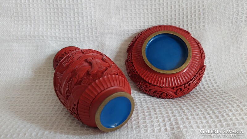 Old Chinese cinnabar carved lacquer vase and ashtray