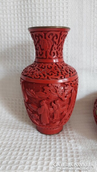 Old Chinese cinnabar carved lacquer vase and ashtray