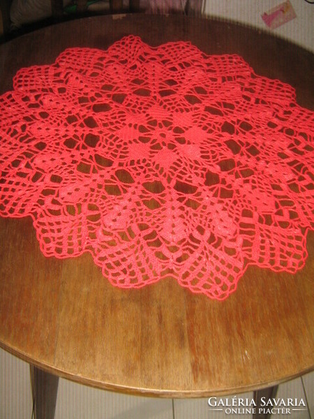Beautiful hand crocheted red round lace tablecloth