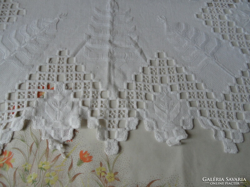 Hand-embroidered white Christmas tablecloth