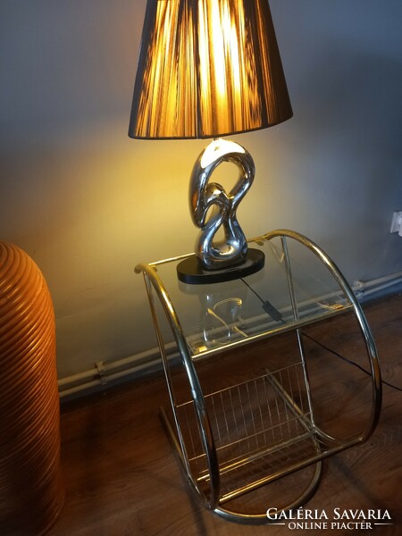 Vintage retro 80s chrome gilded side table, newspaper holder, glass