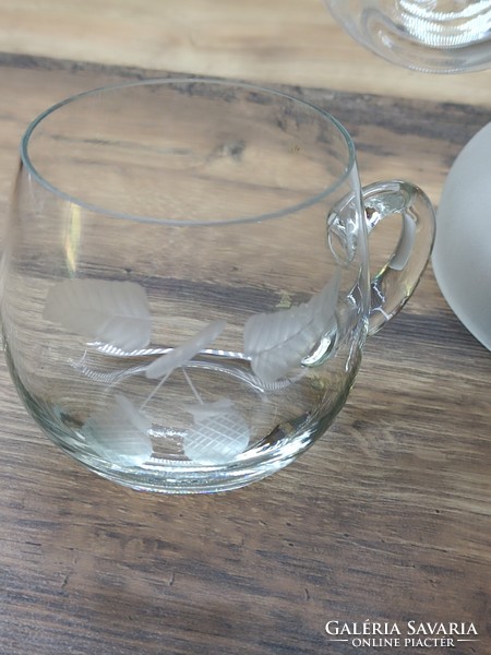 Etched glass set with glasses and bowl, ladle