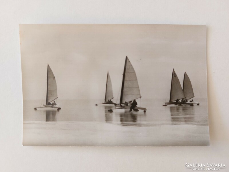 Old postcard winter Balaton photo postcard ice sailboats