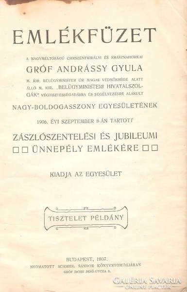 Emlékfüzet Nagyboldogasszony Egyesületének... 1906