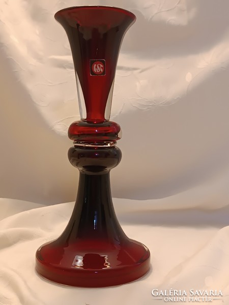 Vintage hand blown glass vase ruby red and clear