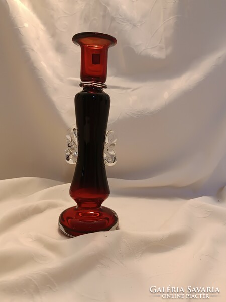 Vintage hand blown glass candle holder ruby red and clear