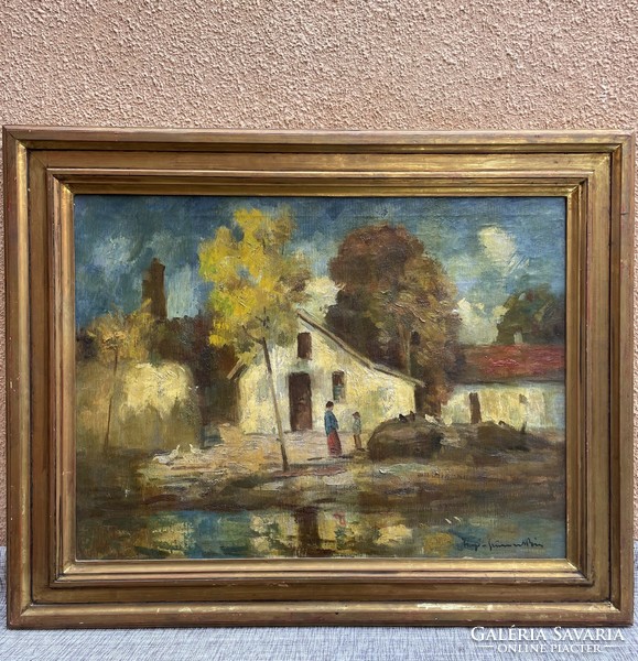 Iványi Grünwald Béla (1867 - 1940) Piros tetős ház festmény /Eredetiségi igazolással/