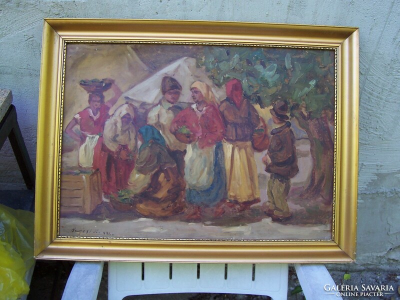 Market scene painting marked for sale