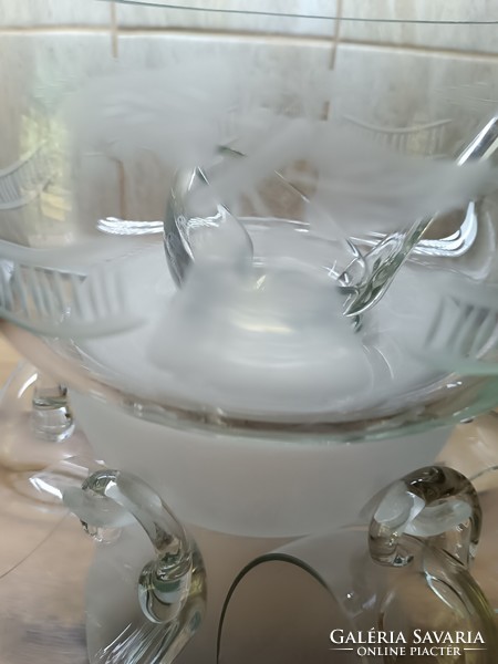 Etched glass set with glasses and bowl, ladle