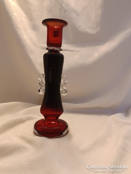 Vintage hand blown glass candle holder ruby red and clear