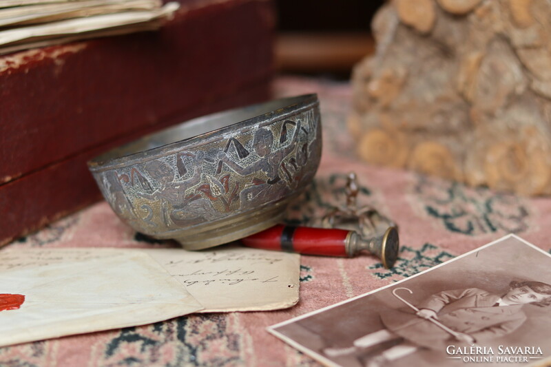 Antique decorative Egyptian bowl with silver and copper inlay, 1800s