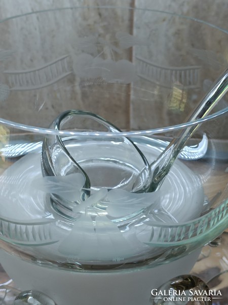 Etched glass set with glasses and bowl, ladle