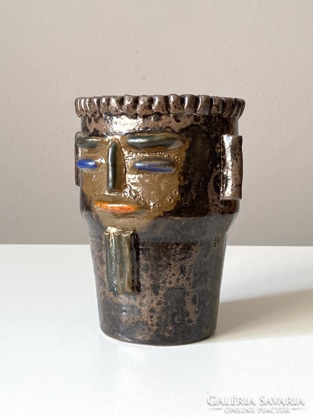 Béla Mihály (1930-2001) plastic brown painted human head retro ceramic bowl