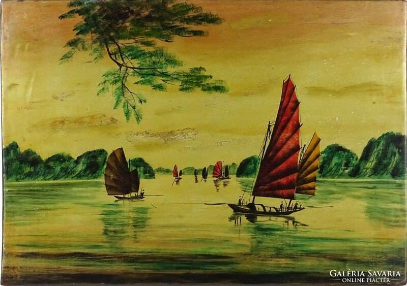 1N915 Régi festett vietnámi kép táblakép 25 x 35 cm