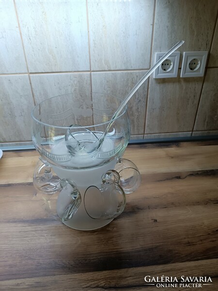 Etched glass set with glasses and bowl, ladle