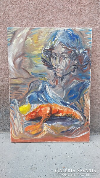 Lady with lobster, oil on canvas painting, 70 x 50 cm