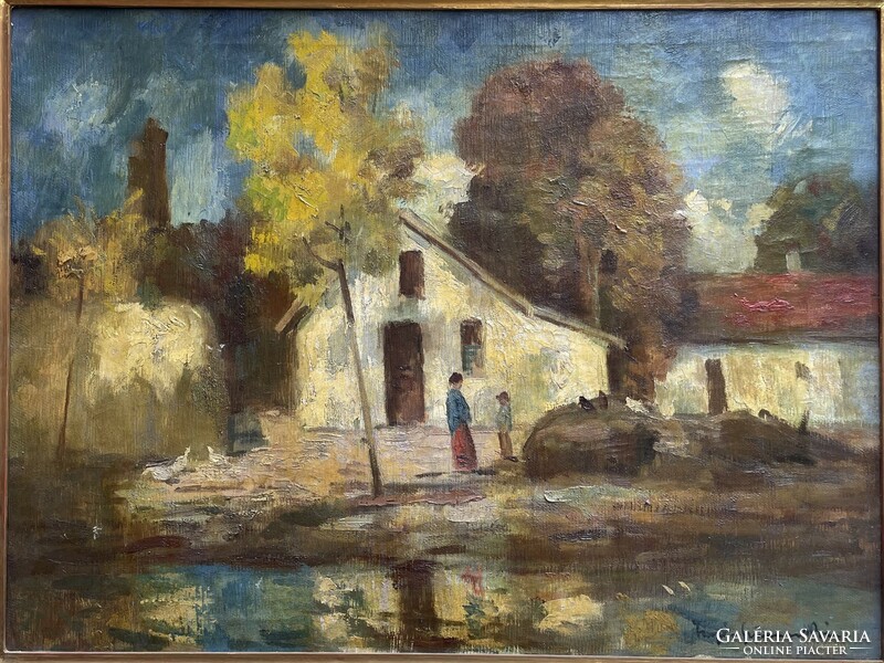 Iványi Grünwald Béla (1867 - 1940) Piros tetős ház festmény /Eredetiségi igazolással/
