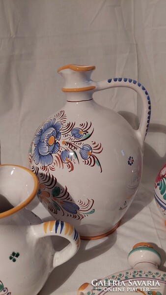Marked folk ceramic ornament set, jug, pitcher, vase, water bottle