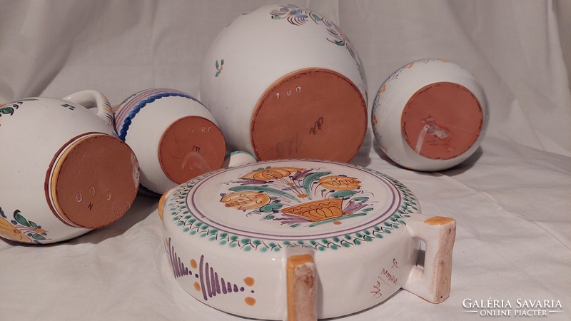 Marked folk ceramic ornament set, jug, pitcher, vase, water bottle