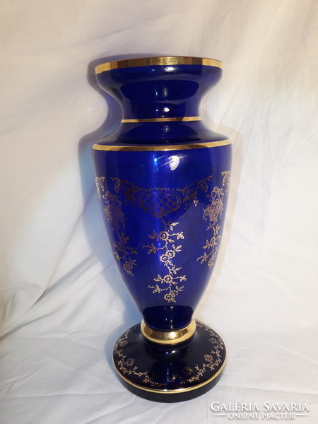 Bohemia cobalt blue glass vase with gold pattern 30 cm