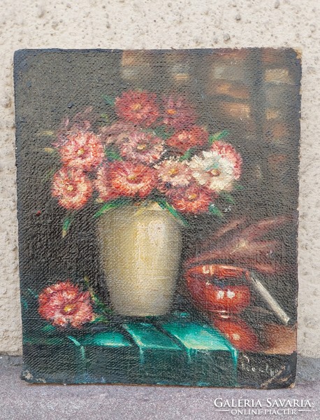 Tabletop still life, antique oil on canvas painting, marked