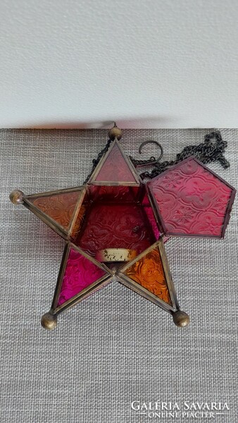 Hanging candle holder with copper fittings, colored glass star-shaped