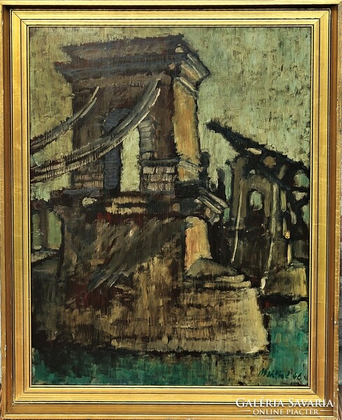 Reconstruction of the Budapest Chain Bridge in 1946. Signed Hungarian impressionist painting with original guarantee! There
