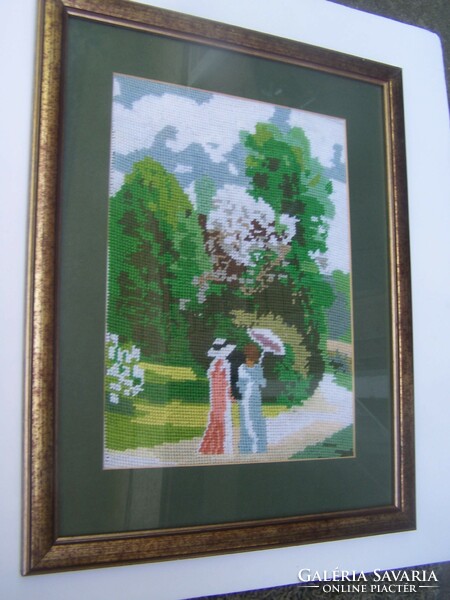 After Szinyei's Merse Pál: ladies walking in the park embroidered tapestry 40 x 32 cm outer size of the frame