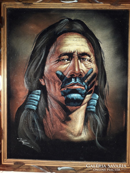 Unique Mexican Special Velvet Painting Native American Framed Picture Marked d.K.