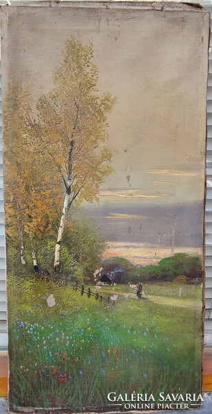 Marked antique oil on canvas village landscape painting