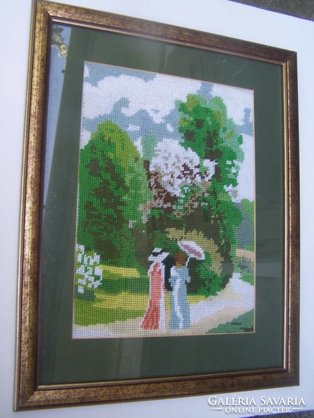 After Szinyei's Merse Pál: ladies walking in the park embroidered tapestry 40 x 32 cm outer size of the frame